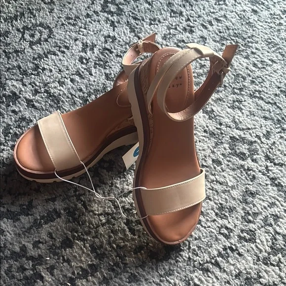 Cream and Brown Wedge Sandals with Cork Heel - Picture 7 of 10